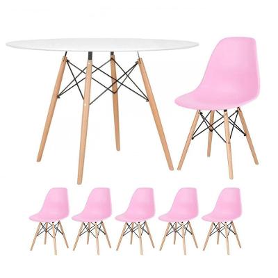 Mesa Redonda Eames 120cm Branco + 5 Cadeiras Rosa Claro