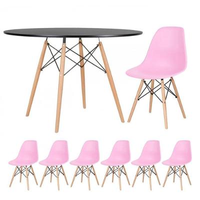 Mesa Redonda Eames 120cm Preto + 6 Cadeiras Rosa Claro