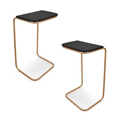 Kit 2 Mesas Lateral Tampo Preto P/ Sofá Base Dourado