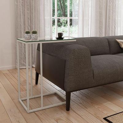 Mesa Lateral Industrial Elena De Vidro Base Ferro Off White - Preto
