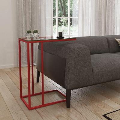 Mesa Lateral Industrial Elena De Vidro Base Ferro Vermelho - Preto