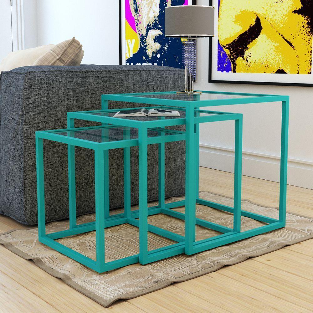 Trio Mesa Lateral Industrial Isabella De Vidro Base Ferro Azul Turquesa - Preto - 1