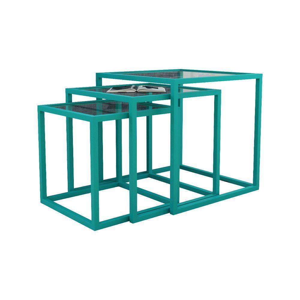 Trio Mesa Lateral Industrial Isabella De Vidro Base Ferro Azul Turquesa - Preto - 3