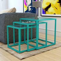 Trio Mesa Lateral Industrial Isabella De Vidro Base Ferro Azul Turquesa - Preto - 1