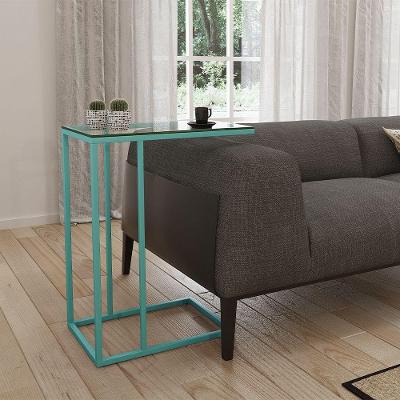 Mesa Lateral Industrial Elena De Vidro Base Ferro Azul Turquesa - Preto