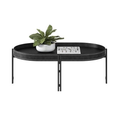 Mesa De Centro Decorativo Grimaldi Base Aço Com Detalhe Em Couro Preto G77