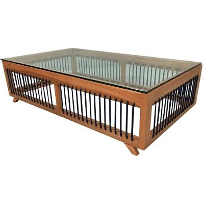 Mesa De Centro Saibi Ozki 120 Cm Madeira Eucalipto Cedro Corda Plana Azul E Tampo De Vidro