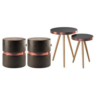 Conjunto De Mesas Laterais E 02 Puffs Porto Corano Preto