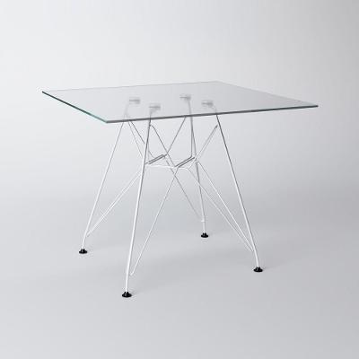 Mesa Eiffel Quadrada 90Cm Tampo De Vidro Com Base De Ferro Branco
