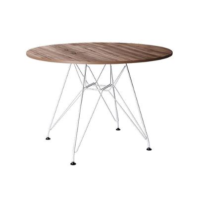 Mesa Eiffel Redonda 110Cm Tampo De Madeira Amendôa Com Base De Ferro Branco