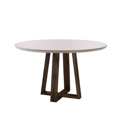 Mesa De Jantar Redonda Natalle Madeira Maciça E Tampo Com Vidro 100Cm Móveis Mix Castanho/Off White
