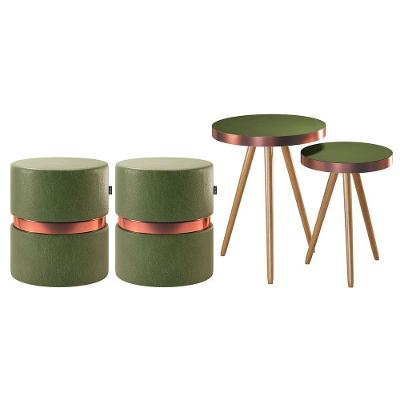 Conjunto De Mesas Laterais E 02 Puffs Porto Corano Verde