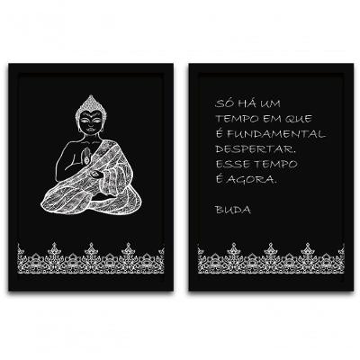 Conjunto Quadros 2pçs 40X60 Buda Moldura Preta Fundo Preto