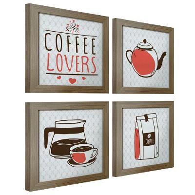 Quadro Cozinha Café Padaria Copa 20X20Cm Kit 4 Un Madeira