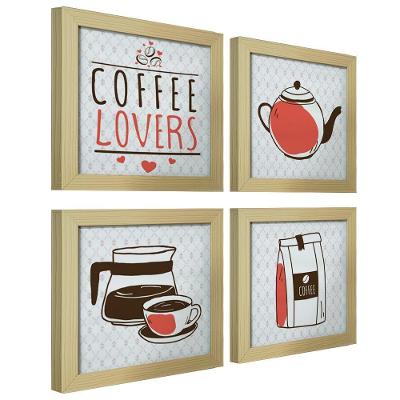 Quadro Café Padaria Copa 20X20Cm Kit 4 Un Marfim Listrado