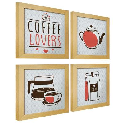 Quadro Cozinha Café Padaria Copa 20X20Cm Kit 4 Un Marfim
