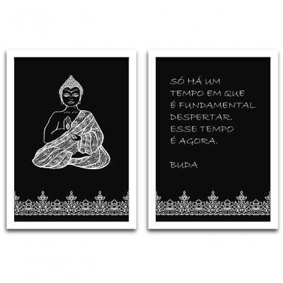 Conjunto Quadros 2pçs 40X60 Buda Moldura Branca Fundo Preto