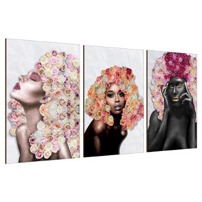 Placas Quadros Mdf 20X30Cm Mulheres Rosto Flores Rosas Kit 3