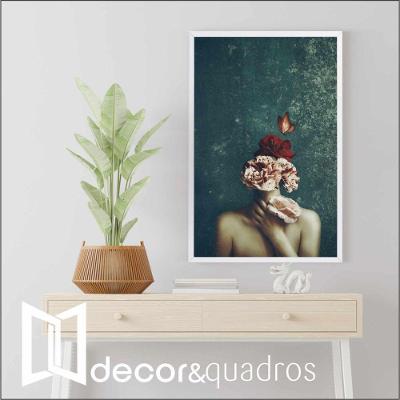 Quadro Mulher Detalhes Flores 80x120 Cm Tecido Canvas