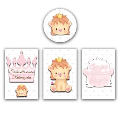 Kit Placas Quadros Decorativos Infantil 20x30 E 20cm Redondo Titulos Leoa Rainhazinha