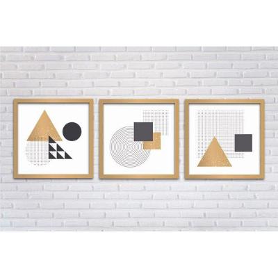 Conjunto Quadros Decorativos 3 Peças 40x40 Formas Titulos Moldura Dourada