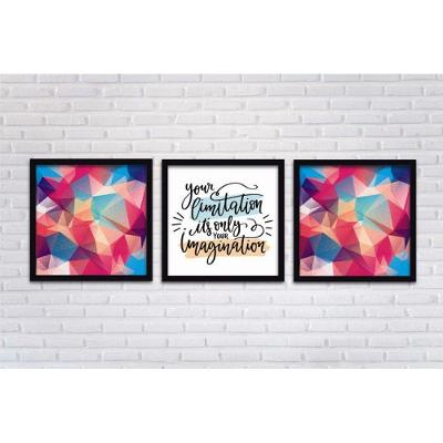 Conjunto Quadros Decorativos 3 Peças 40x40 Abstrato Titulos Moldura Preta