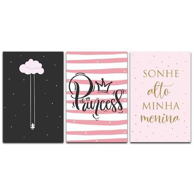 Kit Placas Quadros Decorativos 3 Peças 20x30 Menina Princess