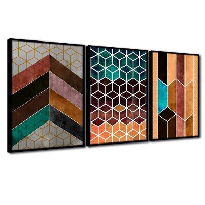 Quadros Premium Textura Cx Alta 40x60 Chevron Marrom 3un Titulos Moldura Preta