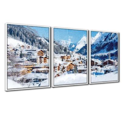 Quadros Premium Textura Cx Alta Cidade Na Neve 40x60 3un Titulos Moldura Branca