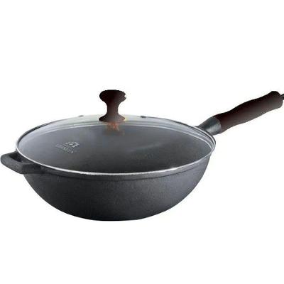 Panela Wok Ferro Fundido Tampa Vidro Preta 28Cm