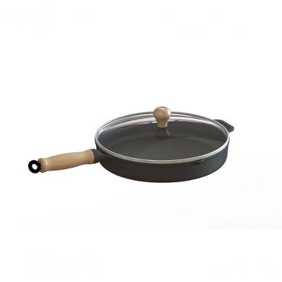 Frigideira Ferro Fundido Com Tampa Vidro Cabo Madeira 22Cm.