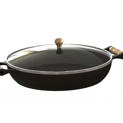 Frigideira Ferro Fundido com Tampa Vidro Alças Madeira 28Cm