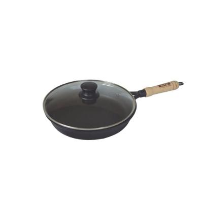 Frigideira Ferro Fundido Cabo Madeira Tampa Vidro 22cm
