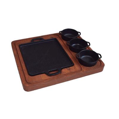 Bifeteira Quadrada Com Suporte De Madeira 20Cm E 3 Molheiras