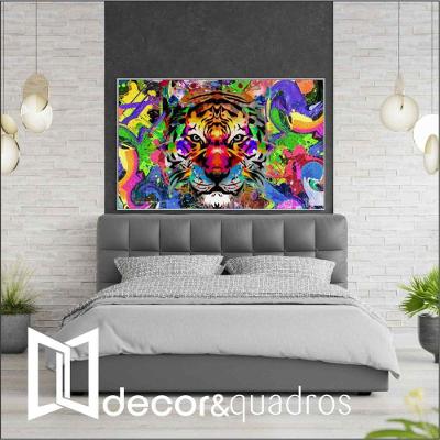 Quadro Tigre Colorido 120x80 Cm Tecido Canvas