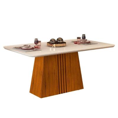 Mesa para Cozinha Italia + Tampo Madeirado Vidro 170x90cm Freijó/Off White - DJ Móveis