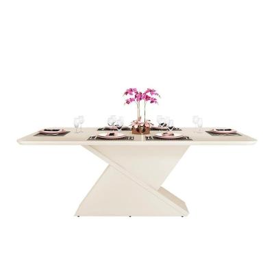 Mesa para Cozinha Zafira + Tampo Madeirado Vidro Curvo 200x100cm Off White - DJ Móveis