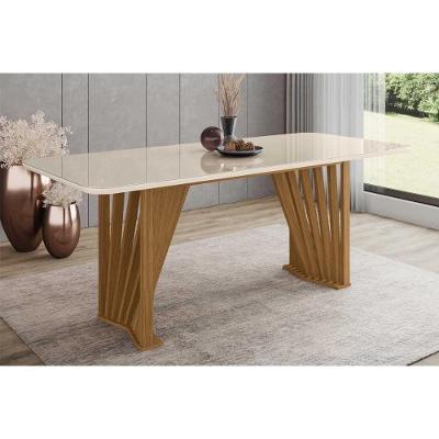 Mesa de Sala Jantar Adriana SC46 + Tampo Madeirado Vidro Curvo 200x80cm Nature/Off White - Henn