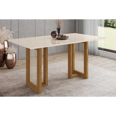 Mesa de Sala Jantar Yara SC78 + Tampo Madeirado Vidro Reto 160x90cm Nature/Off White - Henn