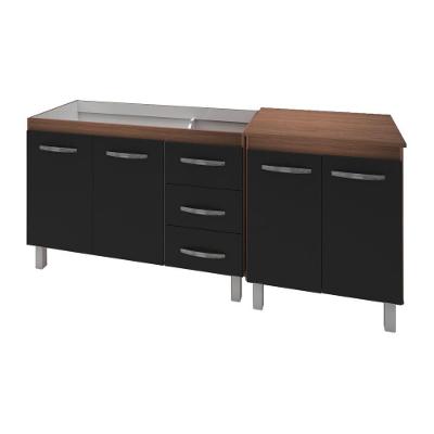 Armário Cozinha Gabinete Pia De 120 Cm Bianca Com Balcão Multiuso Micro-Ondas Savana Frente Preta