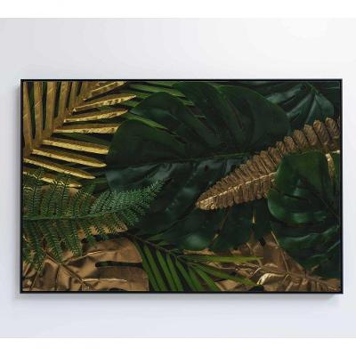 Quadro Folhas Verdes E Douradas 120x80 Cm Tecido Canvas
