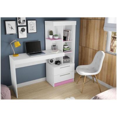 Mesa Office Nt 2010 Com 2 Gavetas E 3 Prateleiras Notável Branco Com Rosa