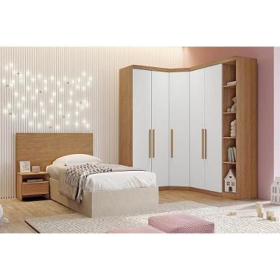 Quarto Modulado Solteiro Rizon 5 Peças (1 Closet + 2 Guarda Roupas + 1 Complemento + 1 Cabeceira) QC210 Freijo Cumaru c/ Fendi