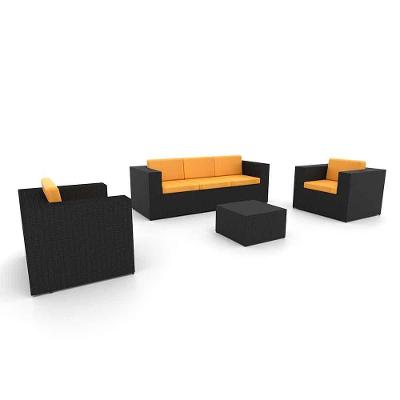 Conjunto De Sofá Fibra Sintética Preta Quadrado-1 Sofá 3L+2 Poltronas+1 Mesa Centro-Lisato Mostarda