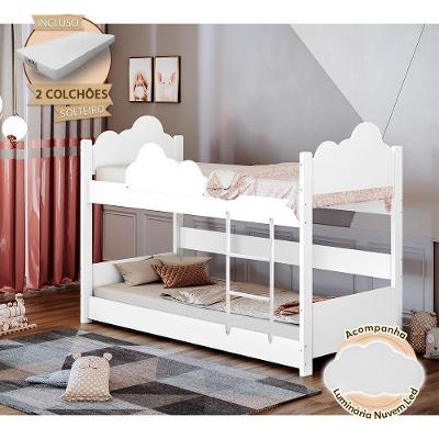 Beliche Solteiro Montessoriana Nuvem Erika Com Colchões Branca Incluso Luminária Led Branco