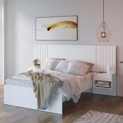 Cama Casal Branco Madeirado C/ 2 Mesas De Cabeceiras