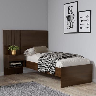 Cama Solteiro Madeirado Painel E Mesa De Cabeceira