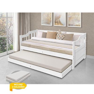 Bicama Solteiro De Madeira Maciça Com 2 Colchões Vintage - Branco - Cor: Branco