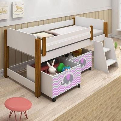 Cama Branco Com 2 Nichos Adesivadas Rosa E Escadinha