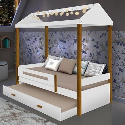 Cama Casa Sara Branco/mel Com Cama Auxiliar 2 Colchões e Led